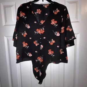 Lush Orange and Pink Flutter Sleeve Blouse with Tie Front